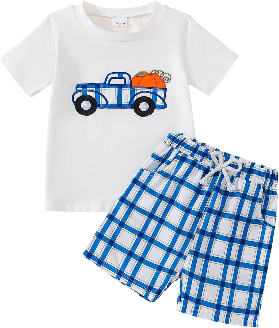 Toddler Boy Halloween Outfit Truck Pumpkin Embroidered T-shirt+Striped Shorts Fall Set (White)