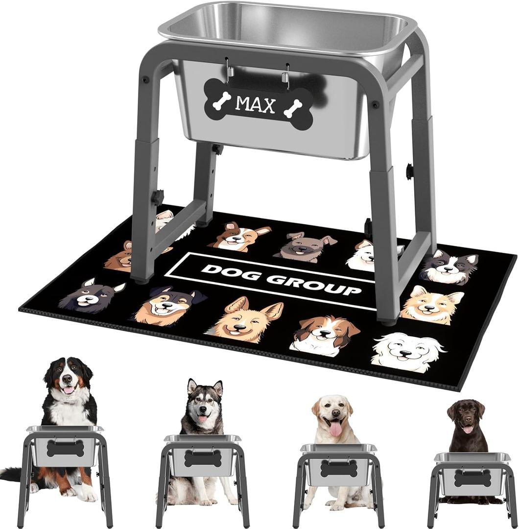 1.85 Gallon Elevated Dog Water Bowl, Height Adjustable (1117'') Raised Stainless Steel Bowl with Spill-Proof Mat & Sturdy Metal Stand, Tip-Proof, Easy to Clean, Indoor & Outdoor Use