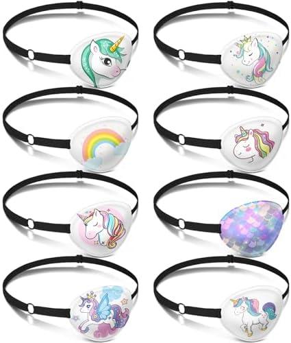 Eurzom 8 Pcs Unicorn Style Fabric Eye Patches for Kids, Adjustable Single Eye Patch with Elastic Strap, Reusable, Various Patterns, Halloween, Party, One Size, Hairband, Children, Unisex, 8 Count