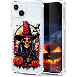 Fashion Halloween Phone Case with Bat Pumpkin Pattern for iPhone 13,Horror Designed Shockproof Soft Slim Clear TPU Cover for Boys Girls Teens Men and Women(Witch-13)
