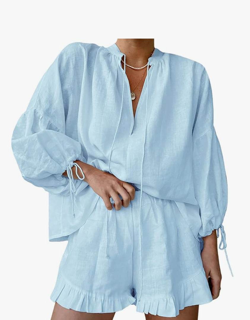 Women Ruffle 2 Piece Sets Long Sleeve Button Down Shirt and Shorts Pajamas Sets, (Blue 704, Size -Large)