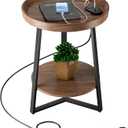 Gadroad Round End Table with Charging Station, USB Ports, Wood Tabletop & Black Metal Frame, 2-Tier Side Table for Living Room, Bedroom, Brown 15.7 * 15.7 * 23.0inches