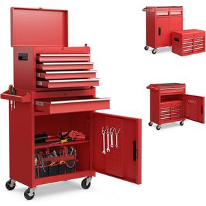 5-Drawer Rolling Tool Chest with Lock, Detachable Tool Cabinet Cart with Wheels, High Capacity Locking Tool Cart Organizer for Garage, Workshop Warehouse Storage​ Red