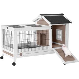 Aivituvin Rabbit Hutch Indoor Bunny Cage Outdoor Bunny House with Wire Floor Leakproof Plastic Tray, Brown (40.7"L x 22.8"W x 26.8"H)