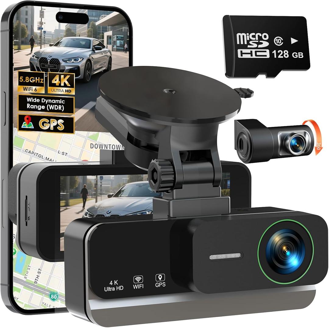 4K+4K Dash Cam Front and Rear, Free 128GB Card Included, 5.8GHz WiFi-20MB/s Fast Download, Dash Camera for Cars with Accurate GPS, G-Sensor, WDR Night Vision, 3.39" IPS Screen, 24H Parking Mode
