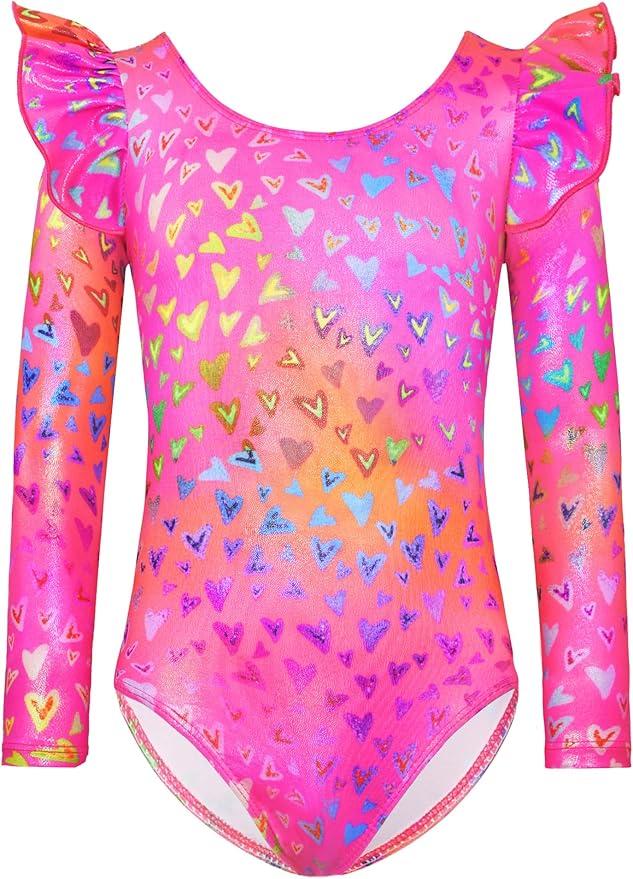Nymphperi Gymnastics Leotards for Girls Ruffle Long Sleeve Practice Outfits Kids Dance Bodysuits, Size 140