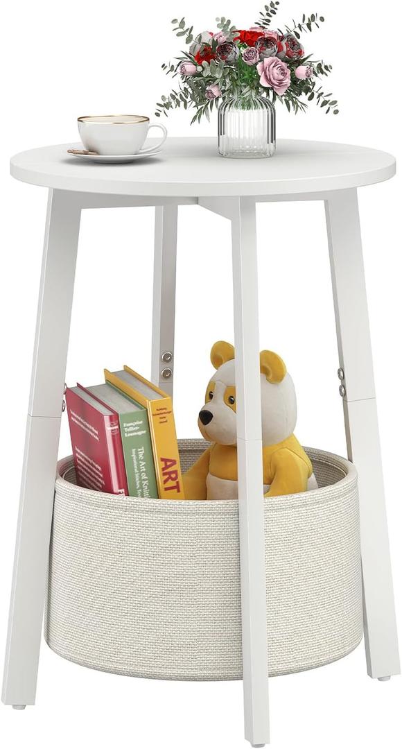 sthmec Small Round Side End Table with Cloth Storage Basket, Round Bedside Sofa Couch Coffee Tables for Small Places with Metal Frame, Modern Nighstands for Living Room Bedroom,White