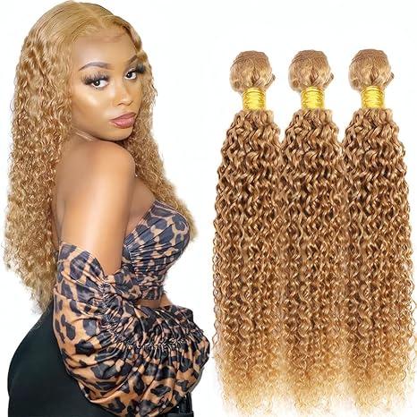 Color #27 Kinky Curly Bundles Honey Blonde Kinky Curly Human Hair 3 Bundle 28 30 32 Inch Unprocessed Brazilian Virgin Remy Hair Weave Double Weft Blonde Hair Soft & Silky & Full 300g