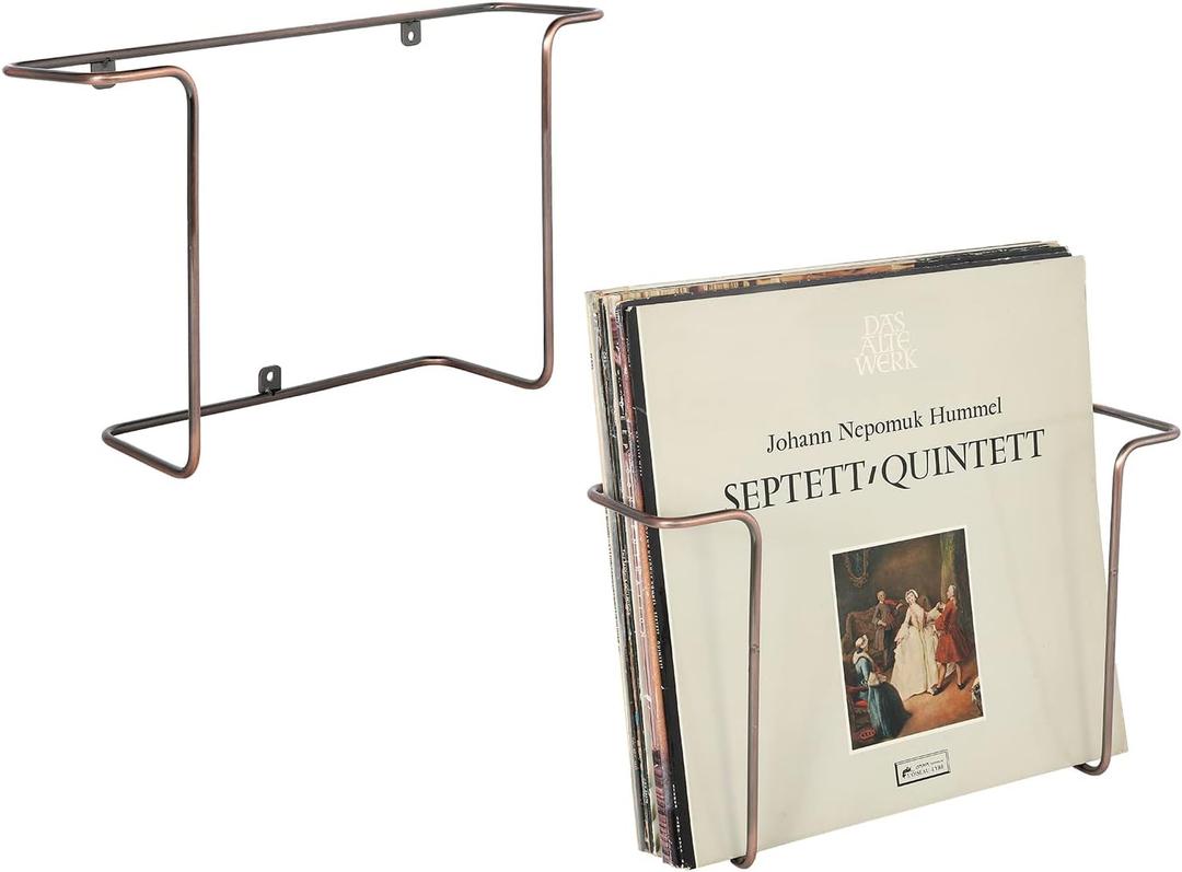 MyGift Modern Metal Wire Wall Mounted Vinyl Records Storage Racks, Hanging LP Record Holders, Floating Album Cover Display Shelves, Set of 2 (Vintage Copper-2 Pcs)
