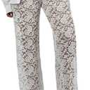 Women Floral Lace Sheer Mesh Pants Sexy Elastic Low Waist See Through Flare Bell Trouser Y2K Wide Leg Club Bottoms (Large, White)