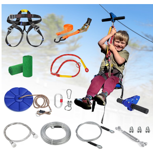 Zipline for Backyard Kids and Adults, Zipline Kit with Stainless Steel Spring Brake, Cable Tensioning Kit, Safety Harness, 2 Tree Protectors and Full Set of Zip Line Accessories with 1/4 inch Cable
