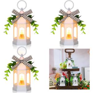 3 Pcs LED Lanterns Farmhouse Spring Tiered Tray Decor Lanterns Rustic Decoration with LED Candle Hanging Rings Eucalyptus Buffalo Plaid Bow for Table Centerpieces Home Coffee Bar Wedding Decor(White)