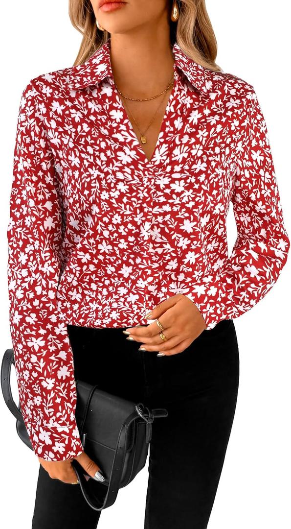 SOFIA'S CHOICE Polka Dot Shirt for Women Long Sleeve Dressy Blouse Work Business Fall Outfits Floral Red Medium (M)