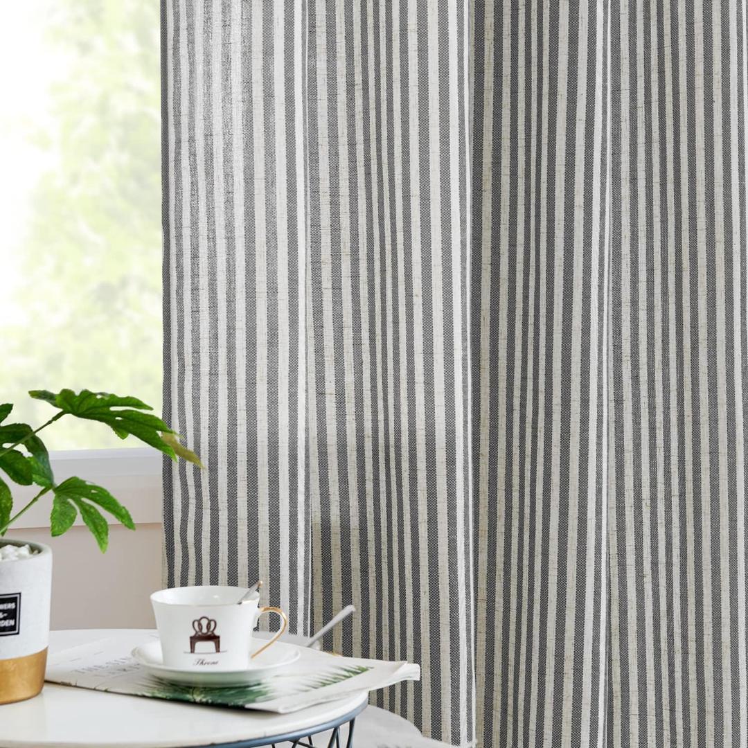 Vangao Linen Striped Curtains for Living Room Bedroom Farmhouse Tickingstripe Light Filtering Window Curtains Printed Drapes Grommet Top 2 Panels Charcoal Grey W50 x L84 Inch