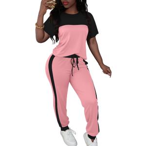 LovelyWholesale Women Jogging Suits 2 Piece Set Short Sleeve Color Block Tops and Jogger Pants Pink Large (Pink, L)
