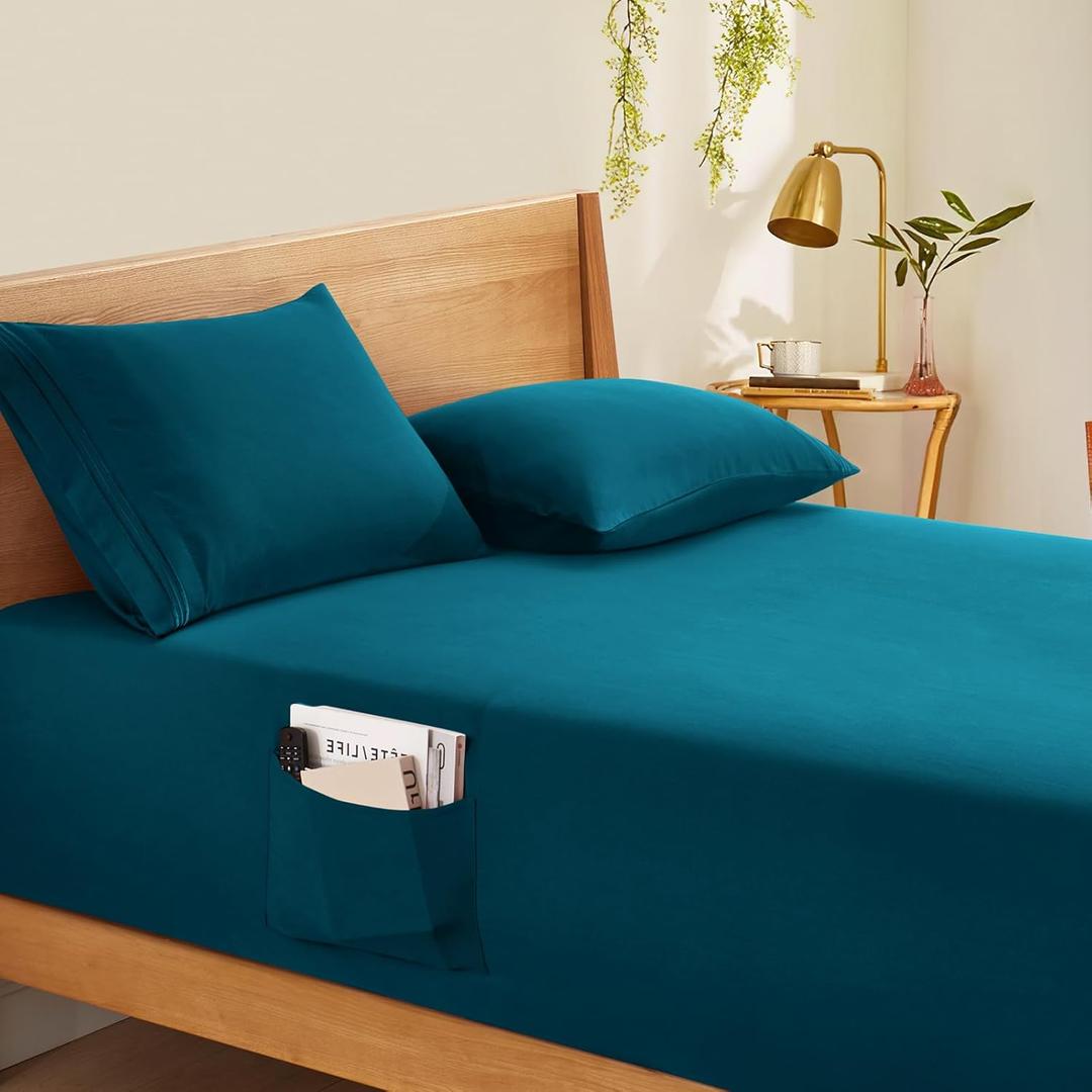Horbaunal Extra Deep Pocket King Fitted Sheet Only - Fits Up to 24 Inch Mattress - Luxury 1800 Thread Count - Microfiber Teal Fitted Bed Sheet King Size