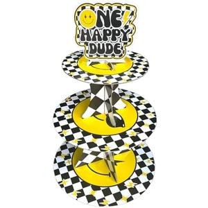 Zliisang One Happy Dude Birthday Cupcake Stand Groovy Happy Smile Face Cupcake Dessert Stand for 1st Year Birthday Decorations Groovy One Cool Dude Birthday Party Decorations