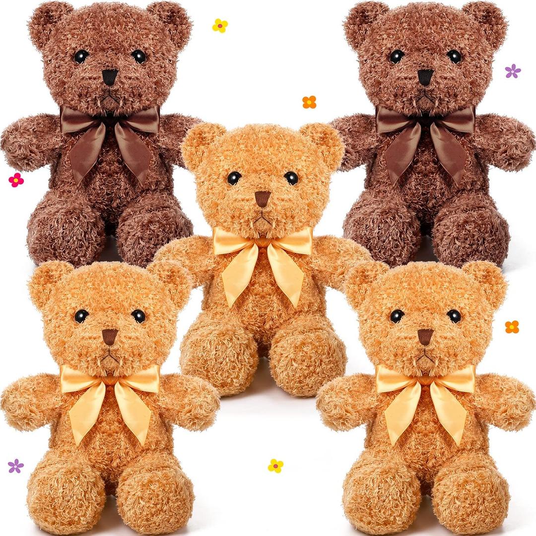 HyDren 5 Pcs Bears Stuffed Animal Soft Plush Toys Valentine 12 Inches Cute Small Shaggy Bear with Hoodie Bow Tie for Kids Boys Girls Baby Shower Birthday Party(Bow Tie Style,Dark Brown, Light Brown)