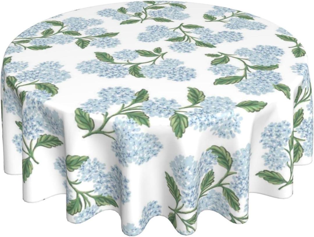 Blue Green Floral Round Tablecloth 70 Inch Vintage Hydrangea Flower Table Cloth Seasonal Polyester Farmhouse Spring Summer Holiady Table Cover for Kitchen Party Dining Picnic Outdoor Decor