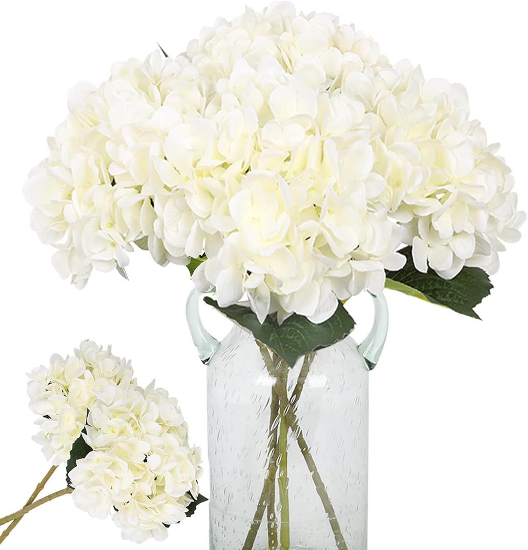 Kisflower 6pcs White Hydrangea Artificial Flowers - Faux Hydrangea Flowers, Fake Silk Flowers for Table Centerpiece, Silk Hydrangea Flowers with Stems for Home Wedding Party Decor