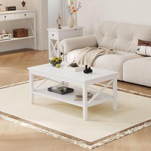 ChooChoo Coffee Table Classic X Design for Living Room, Rectangular Modern Cocktail Table with Storage Shelf, 47 Inch (White)