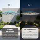 10FT Solar Lighted Patio Umbrella, Outdoor Table Market Umbrellas with Push Button Tilt and Crank, 32 LED Lights, 8 Sturdy Ribs, UV-Resistant for Deck, Garden, Pool, Blue and Green Stripe