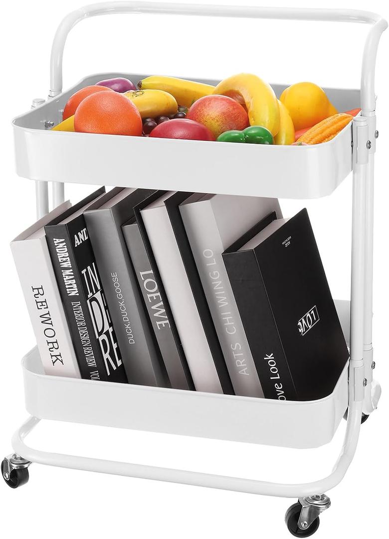 uxcell 2 Tier Rolling Cart,Rolling Storage Cart with Handle and Lockable Wheels Kitchen Cart, Storage Trolley Organizer Cart for Living Room, White