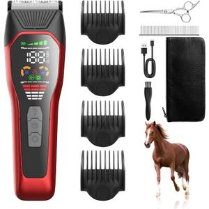 Horse Clippers Low Noise Rechargeble Horse Trimmer Kit, Pet Shaver for Heavy Thick Coats Grooming, 2-Speed Cordless Animal Shears for Horse, Sheep, Cats and Dogs