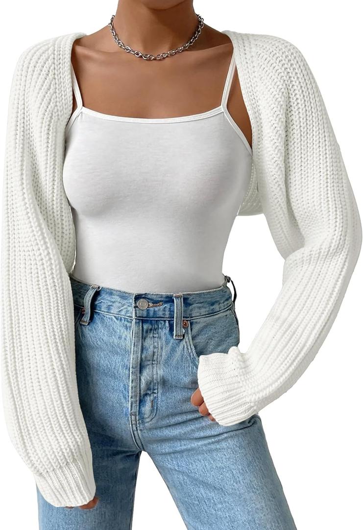 Women's Long Sleeve Open Front Knitted Crop Cardigan Drop Shoulder Knit Bolero Shrug Sweater (White)