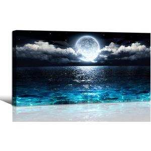 Wall Art Moon Sea Ocean Landscape Picture Canvas Wall Art Print Paintings Modern Artwork for Living Room Wall Decor and Home Dcor Framed Ready to Hang,1inch Thick Frame, Waterproof Artwork. (40"L x 20"W)