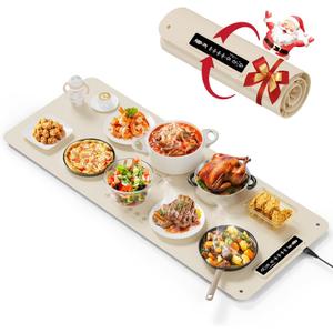 Extra Large Food Warming Mat for Countertop (XXL 36x16) - Full-Surface Heating Pad with 4 Temps Settings, Ideal for Buffet Party Food Warmer, Roll-Up Electric Warming Tray for All Gathering, Beige