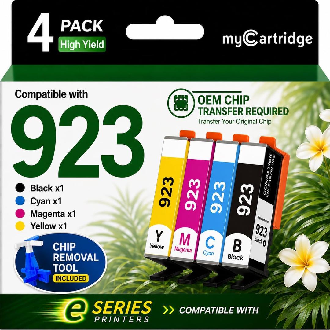 myCartridge 923 Ink Cartridges Combo Pack Replacement for HP 923 Ink | without Chip Compatible with HP OfficeJet Pro 8130e 8135e 8138e 8139e 8122e Printers Ink Cartridge,4 Pack(BK/C/M/Y)