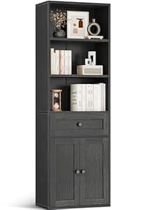 Casaottima Bookshelf and Bookcase with Doors and Drawer, Floor Standing 6-Tier Shelf Display Storage Shelves, Tall Bookcases for Home Office, Living Room, Black