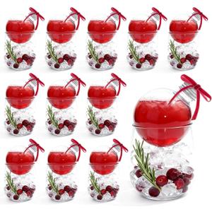 12 Set Cranberry Christmas Ornaments Booze Balls with Plastic Stemless Cups, 5.1oz Plastic Fillable Drink Bulbs Clear Ball Bottle Ornaments Shot Glasses for Adults Xmas Drinkware Party Decor