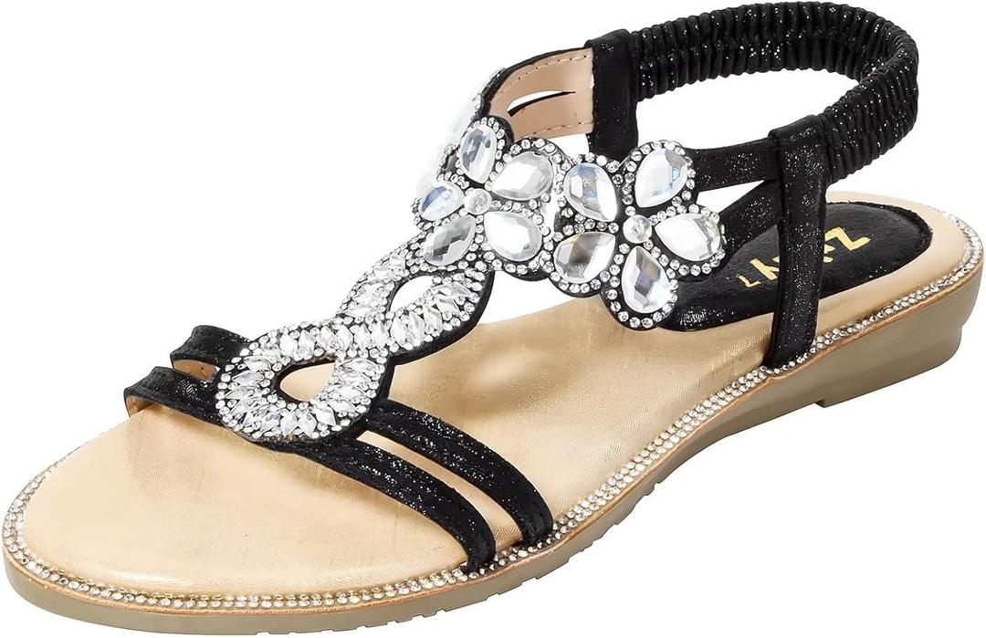 ZriEy Women's Open Toe Flat Sandals Beach Sandals Beaded Flower Rhinestone Flat Sandals Low Heels Dress Wedding Party Driving Shopping Travel Shoes Black Size 5