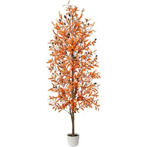 Artificial Olive Tree, Fall Tree for Outdoor Indoor Porch Entryway, Orange Potted Fake Tall Plants, Autumn Decoration for Home Office Party Thanksgiving Halloween, 6ft
