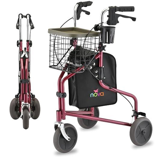 NOVA Traveler Folding 3-Wheel Walker with Tray, Basket, Pouch & Cup Holder, Lightweight Mobility Aid for Seniors & Adults, 8” All-Terrain Wheels for Tight Spaces & Travel, Red