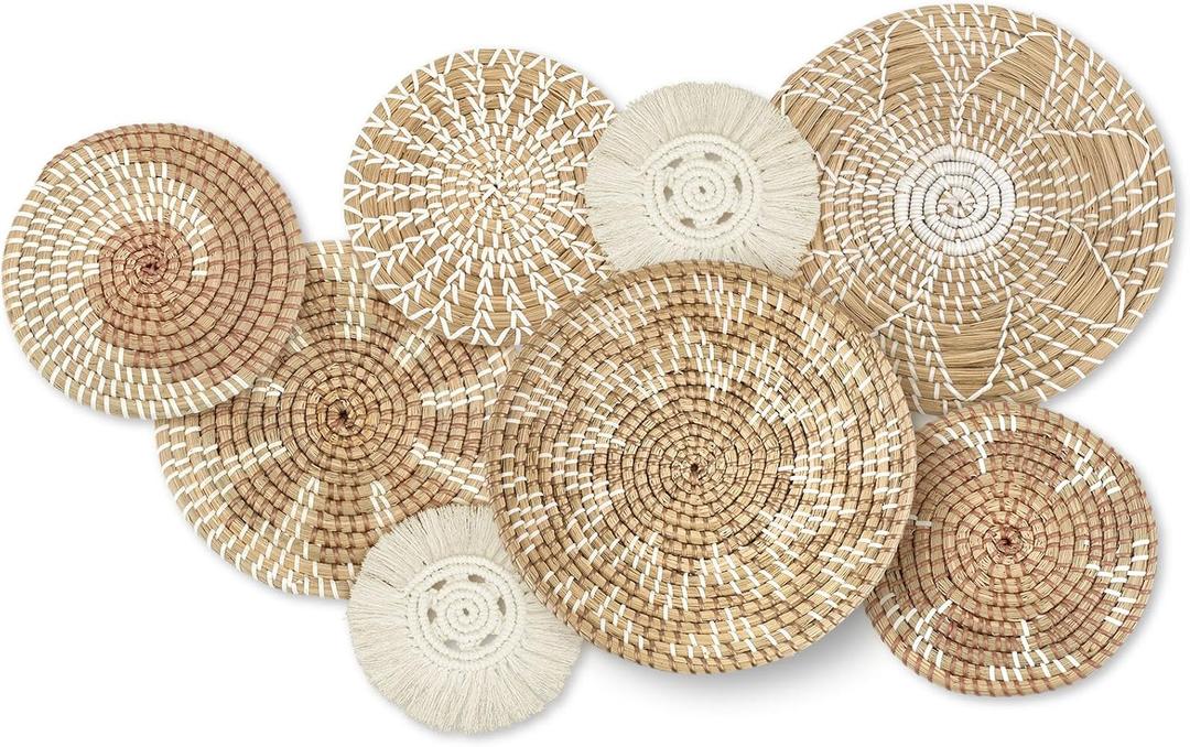 Xuhal 8 Pcs Boho Wall Basket Decor Decorative Bulrush Woven Basket Wall Decor Rustic Farmhouse Hanging Baskets for Kitchen Rustic Home Summer Decorations (Classic)