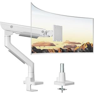 MonTEK Sleek Aluminum Monitor Arm for 17–57” Ultrawide Screens up to 59.4 lbs, Heavy Duty Single Monitor Arm Desk Mount, Pneumatic Lift, Quick-Release Plate, Clamp/Grommet, Max VESA 100x100