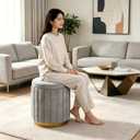 Modern Velvet Storage Ottoman, Round Vanity Stool with High Resilience Sponge, Multifunctional Footrest Makeup Chair with Wooden Frame, Pink (Grey)