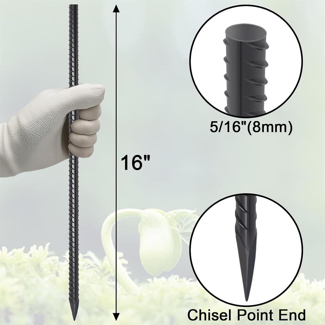 VVOKGO Straight Rebar Stakes 16 Inch Metal Ground Concrete Form Stakes
5/16 Inch Garden Spikes Steel Anchors Heavy Duty with Chisel Point End for Fence, Concrete Timber, Plant Support, Black