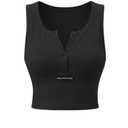 Women's Henley Crop Tank Top Sleeveless Button Front Shirt Black Large (Black, L)