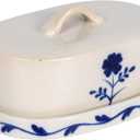 Creative Co-Op Hand-Painted Stoneware Butter Dish with Flower, Blue and White