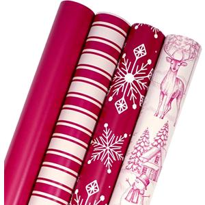 BIOBROWN Christmas Wrapping Paper Rolls - Deer/Snowflake/Stripes/Red Design for Xmas, Winter Party - 30" X 10' Per Roll (4 Rolls: 100 sq. ft. ttl.) (Christmas Toile Scene)