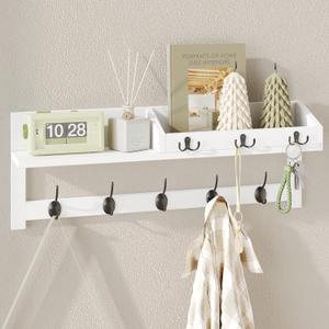 AMBIRD Wall Hooks with Shelf 26.57inch Entryway Wall Hanging Shelf Wood Coat Hooks for Wall Coat Rack Wall Mount Rack with 5 Dual Hooks 3 Key Hooks Mail Organizer and Key Rack Key Holder (White) (26.57" L)