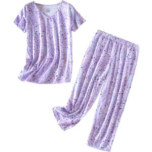 Inadays Womens Cotton Pajama Sets Short Sleeve Top With Capri Pants 2 piece sets for Women Summer Pajamas Lounge Set (Purple, XL)
