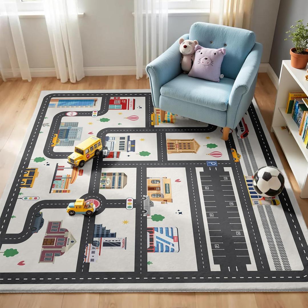 5x7ft Kids City Road Car Play Rug - Non-Slip Faux Wool Carpet with Interactive City Map Design, Educational Toy Vehicle Mat for Kids, Bedroom Playroom Nursery Gift.