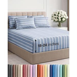Extra Deep King Sheet Set - 6 Piece Breathable and Cooling Sheets - Hotel Luxury Bedding for Women, Men, Kids & Teens - Easy & Secure Fit - Soft and Wrinkle Free - Extra Deep Pockets - Blue Stripes