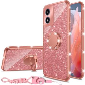 nancheng for (6.5-inch) Motorola Moto G Play 2024 Phone Case Girls Women Cute Glitter Luxury Soft Silicone Clear Case with Ring Stand Strap Lanyard Shockproof Protection Cover - Rose Gold