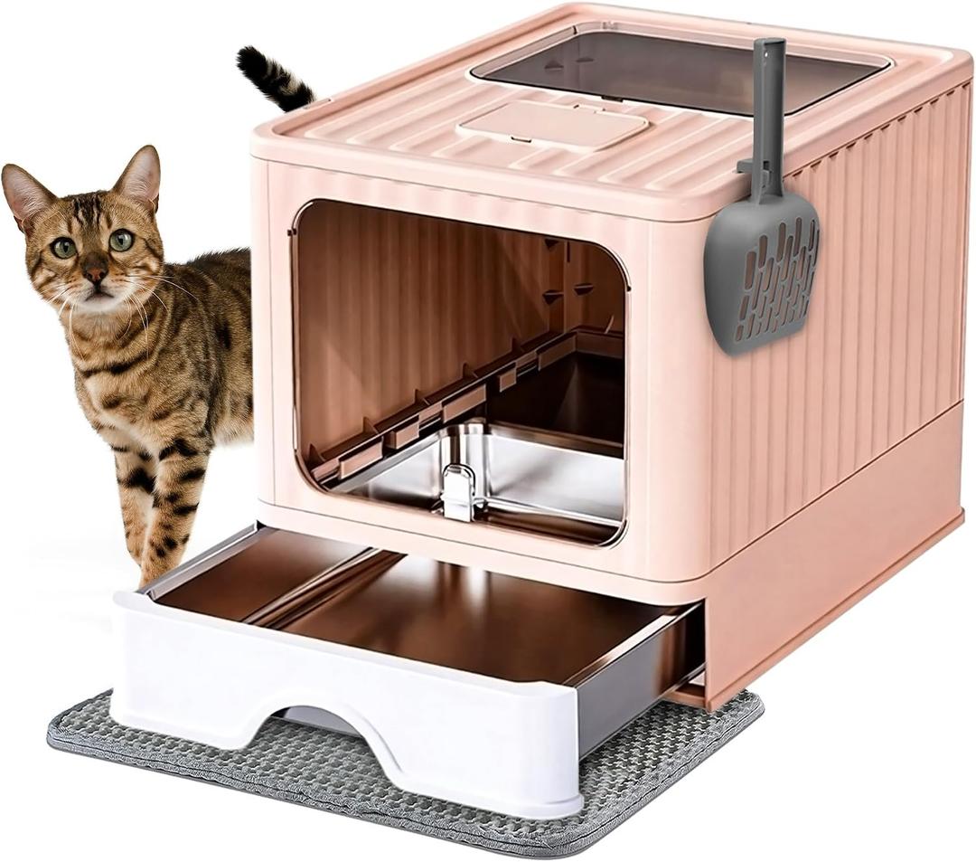 Stainless Steel Cat Litter Box With Lid, Top & Front Entry Enclosed Metal Litter Box, Large Covered Drawer Type Foldable Cat Litter Pan With Litter Scoop & Mat, Easy to Clean,Odor Control (Pink)